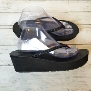 Flojos Hayley Black Woven Thong Wedge Heel Thong Sandal